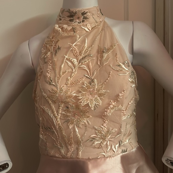 NWT Le Chateau high low fit flare blush pink embroidered mesh satin skater dress - Picture 4 of 7